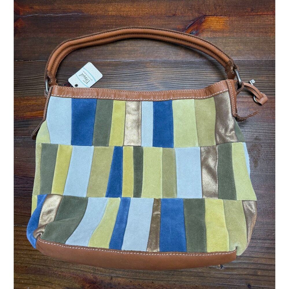 FOSSIL Kate Blue,Yellow,White,Brown Suede,Leather Patchwork Bucket bag/purse